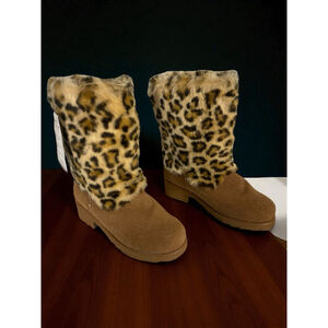 Size 5 Bearpaw Regina Hickory Brown Leopard Animal Print Faux Fur Winter Boots